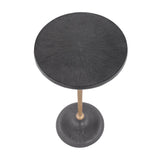 Black round table with textured radial pattern and wooden stem.
