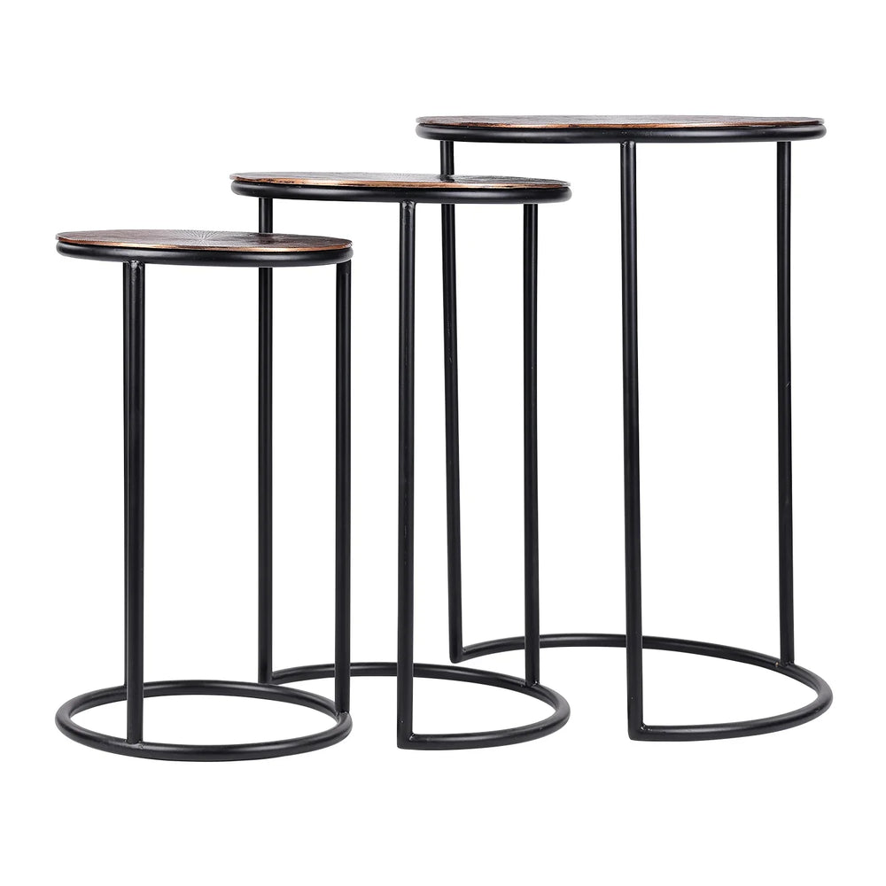Three nesting metal tables with black frames and round tops.