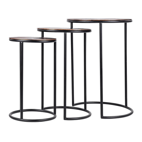 Three nesting metal tables with black frames and round tops.