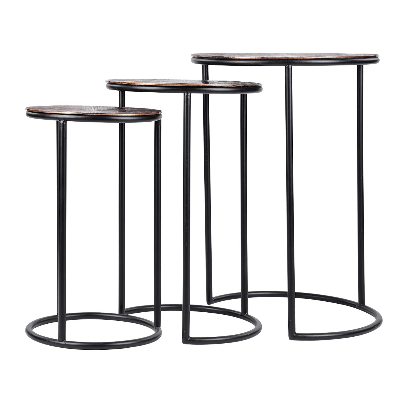 Three nesting metal tables with black frames and round tops.