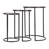 Three nesting metal tables with black frames and round tops.
