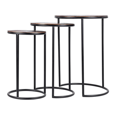 Three nesting metal tables with black frames and round tops.