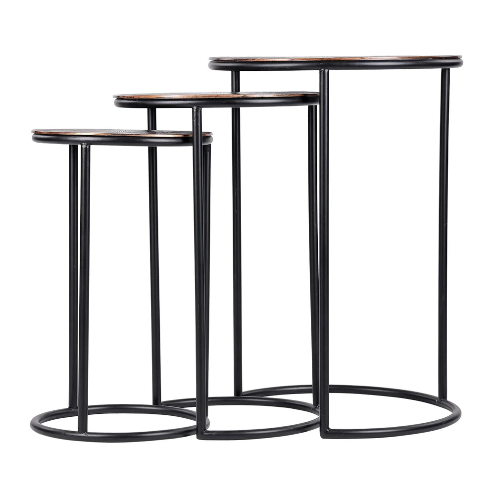Three nesting metal tables with black frames and round tops.