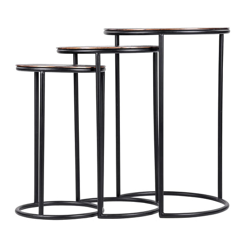 Three nesting metal tables with black frames and round tops.