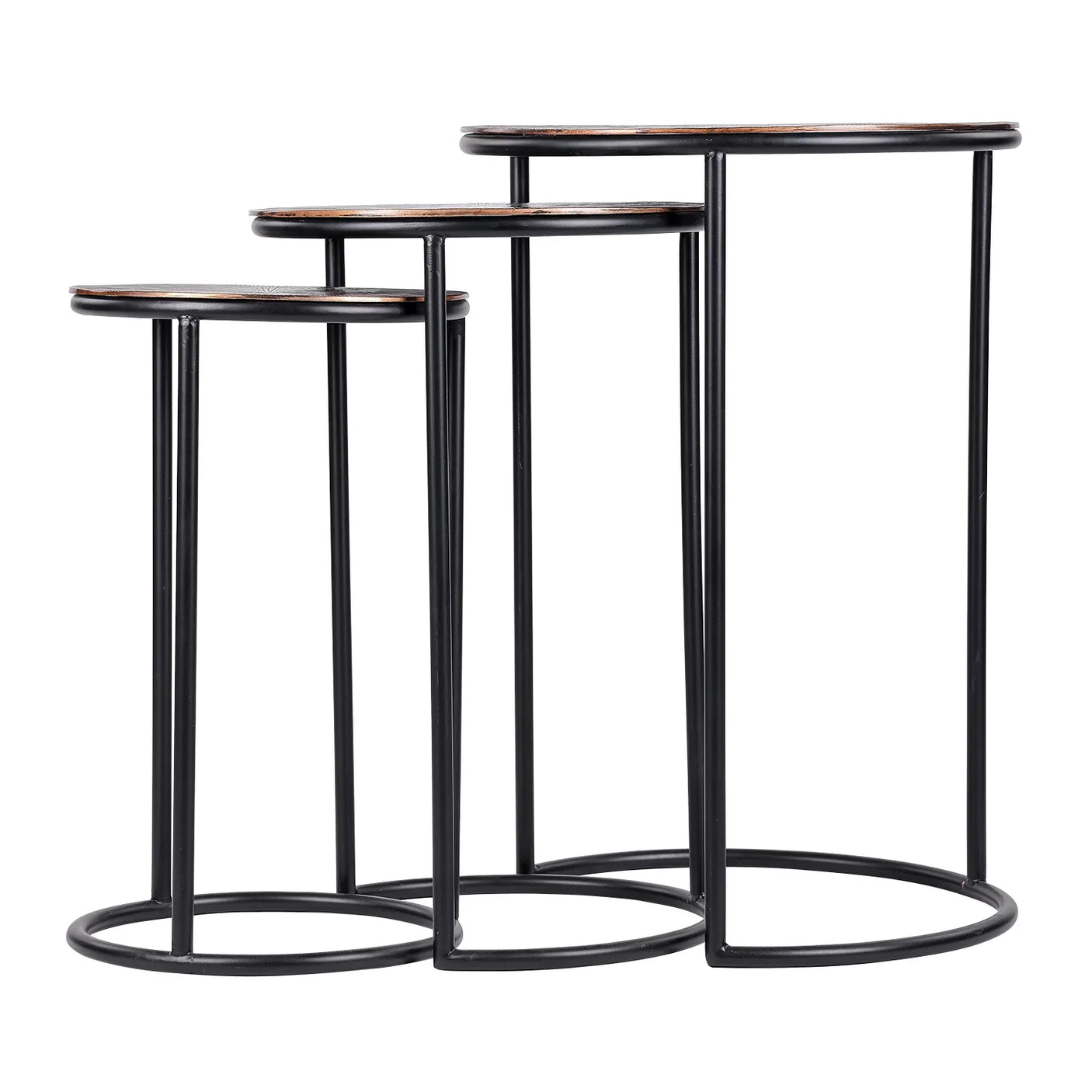 Three nesting metal tables with black frames and round tops.