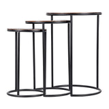 Three nesting metal tables with black frames and round tops.