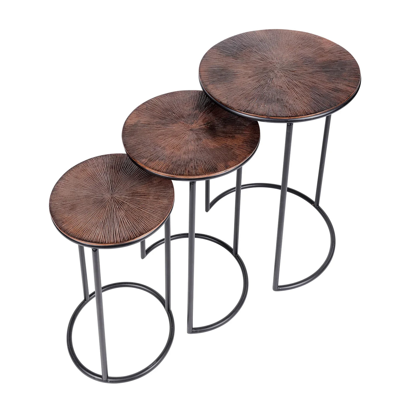 Three round metal tables with textured bronze tops and black legs.