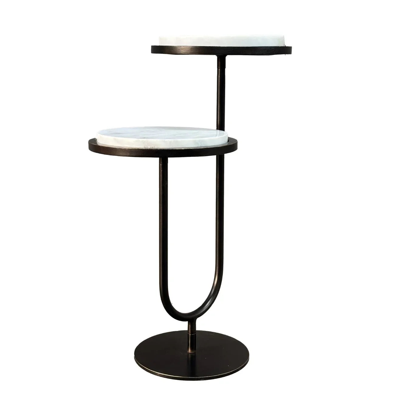 Two-tiered table with white marble tops and black metal frame.