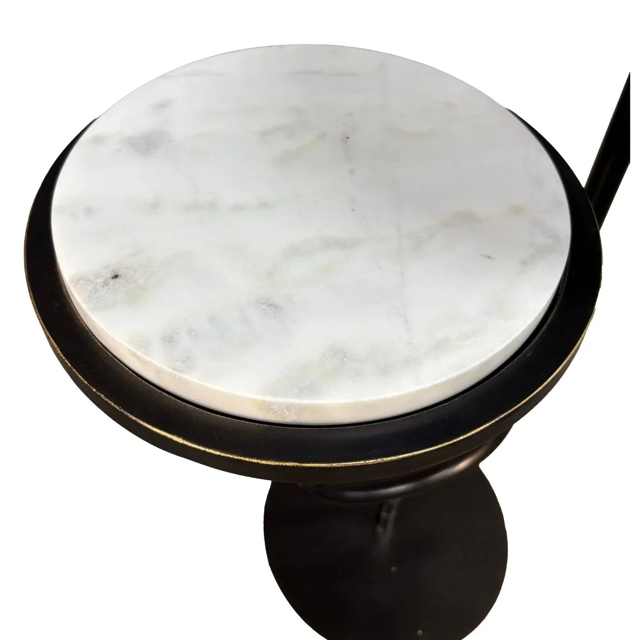 White marble tabletop with subtle grey veining on a dark metal base.