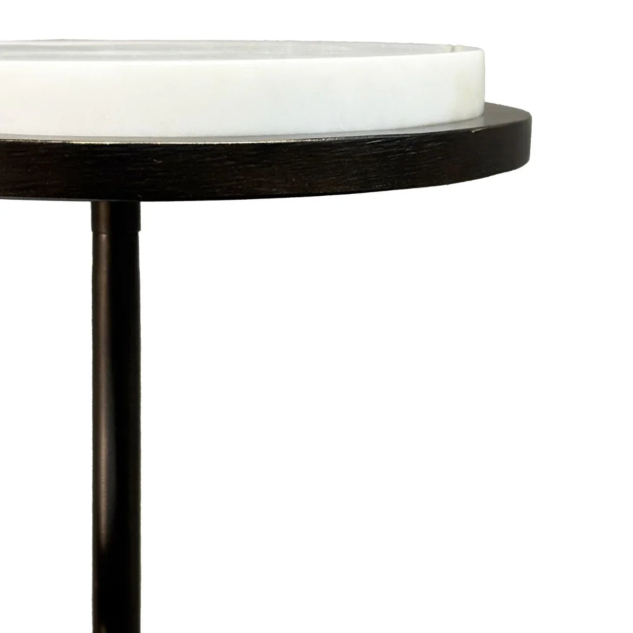 White marble tabletop with dark wood edge and slender black leg.
