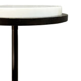 White marble tabletop with dark wood edge and slender black leg.