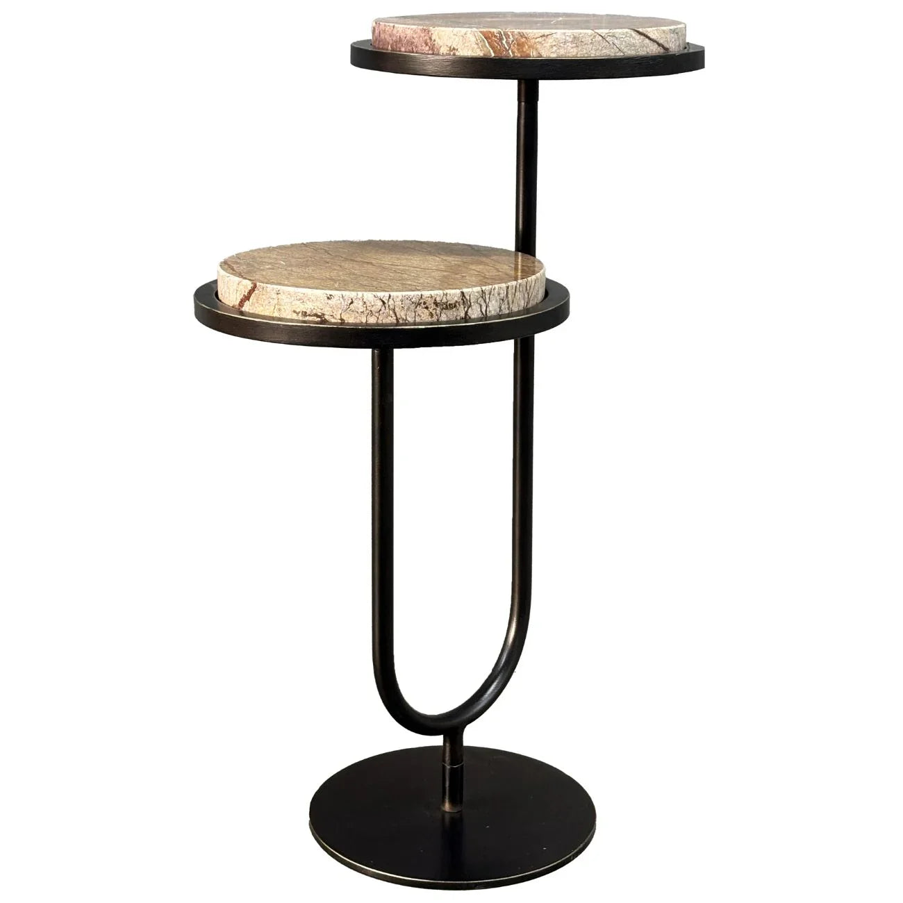 Two-tier accent table with marble tops and black metal frame.