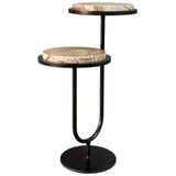 Two-tier accent table with marble tops and black metal frame.