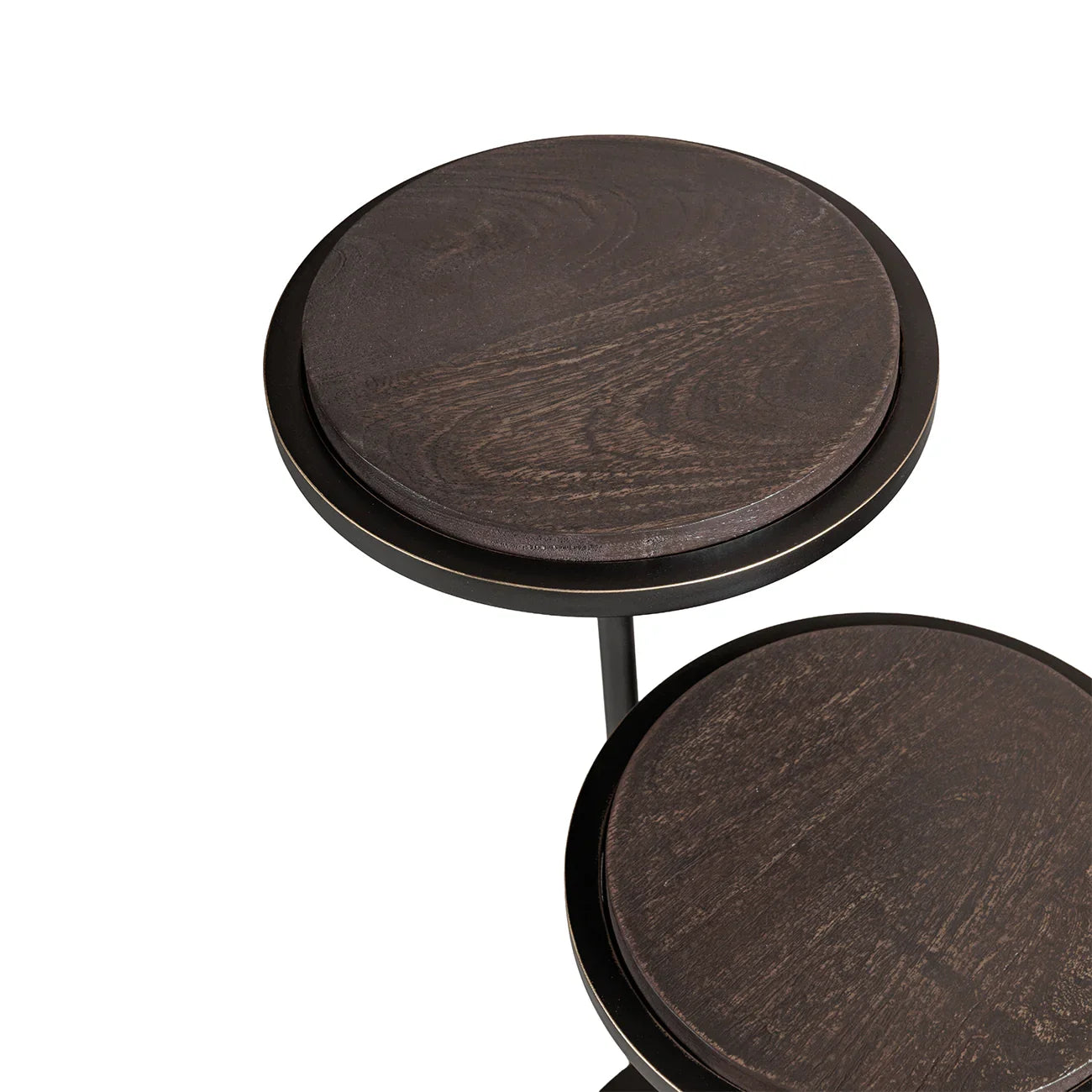 Dark walnut round table tops with visible wood grain texture.