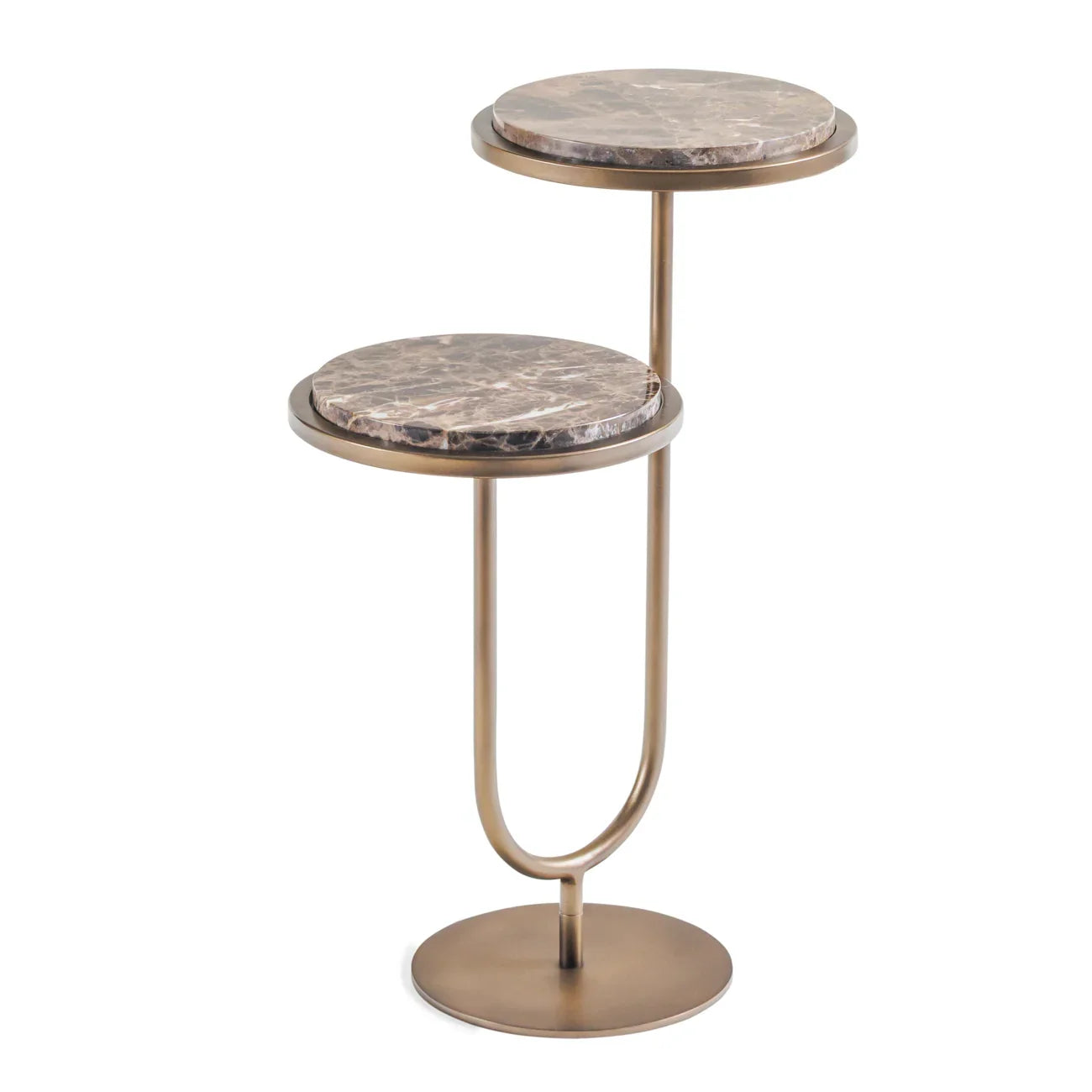 Two-tiered accent table with dark marble tops and bronze metal frame.