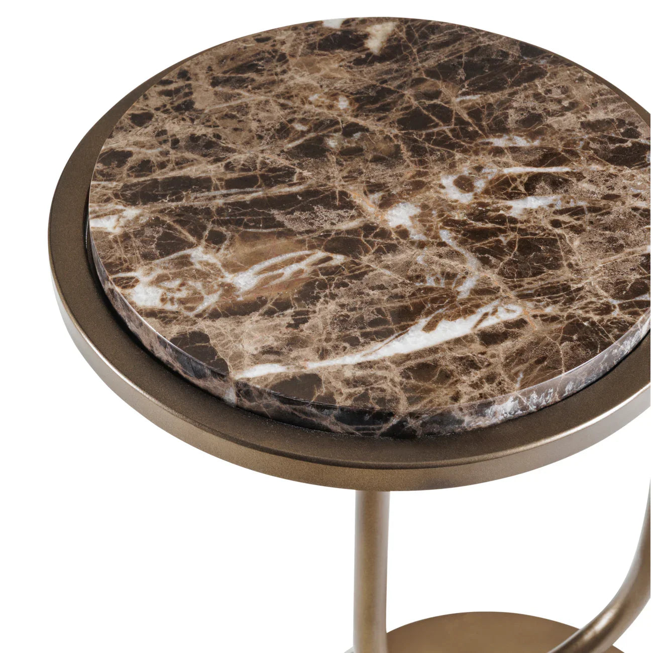 Brown marble tabletop with intricate veining on a metallic frame.