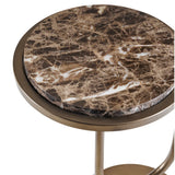Brown marble tabletop with intricate veining on a metallic frame.