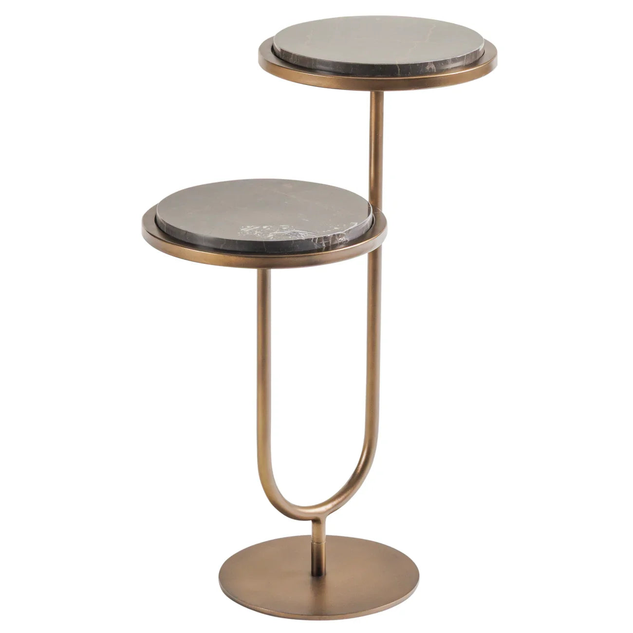 Two-tier gold accent table with dark marble tops.
