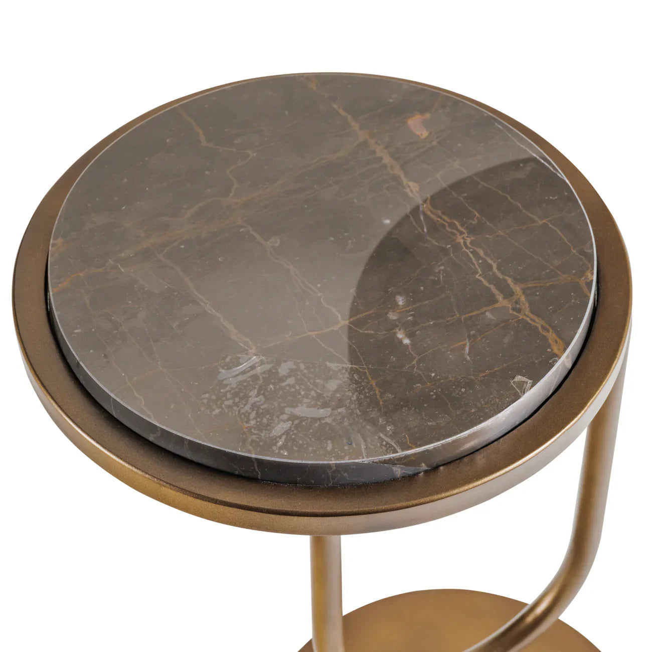 Round marble tabletop with gold veins and metallic frame.