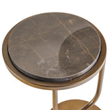 Round marble tabletop with gold veins and metallic frame.