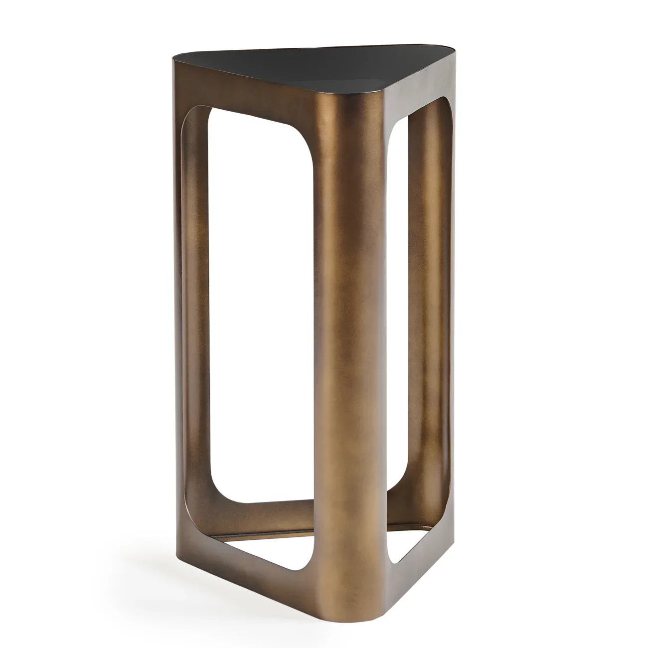 Bronze triangular table with black tinted glass top.