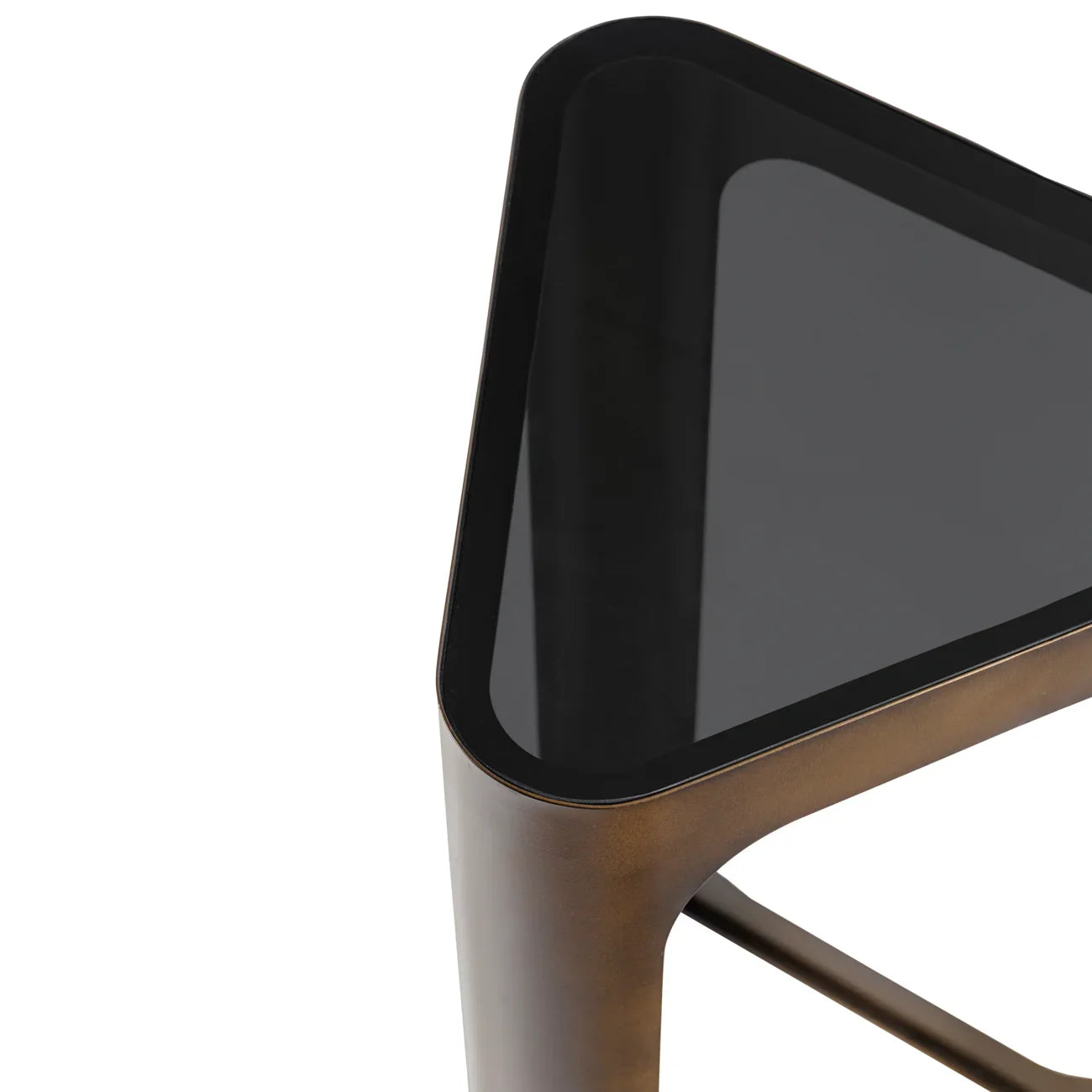 Black tinted glass table with bronze frame corner detail.