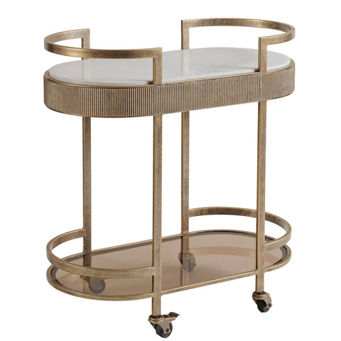 Aged gold drinks trolley with marble top and glass shelf.