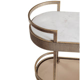 Aged gold drinks trolley with marble top and ribbed metal detailing.
