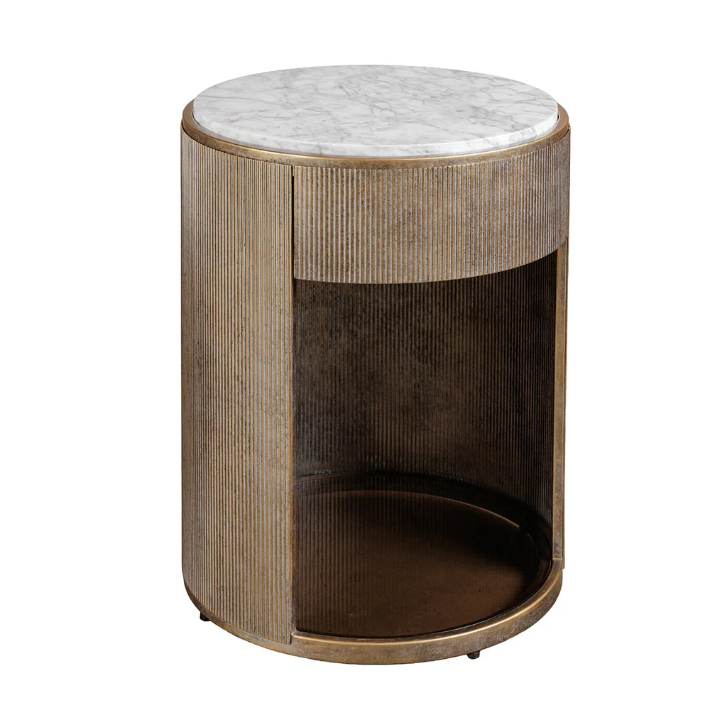 Round side table with ribbed aged gold finish and marble top.