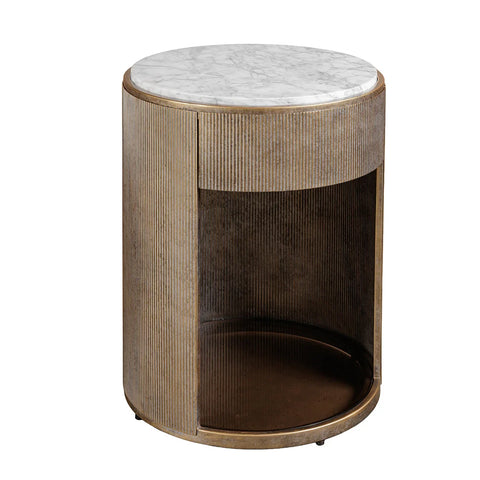 Round side table with ribbed aged gold finish and marble top.