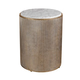 Aged gold cylindrical side table with a marble top.