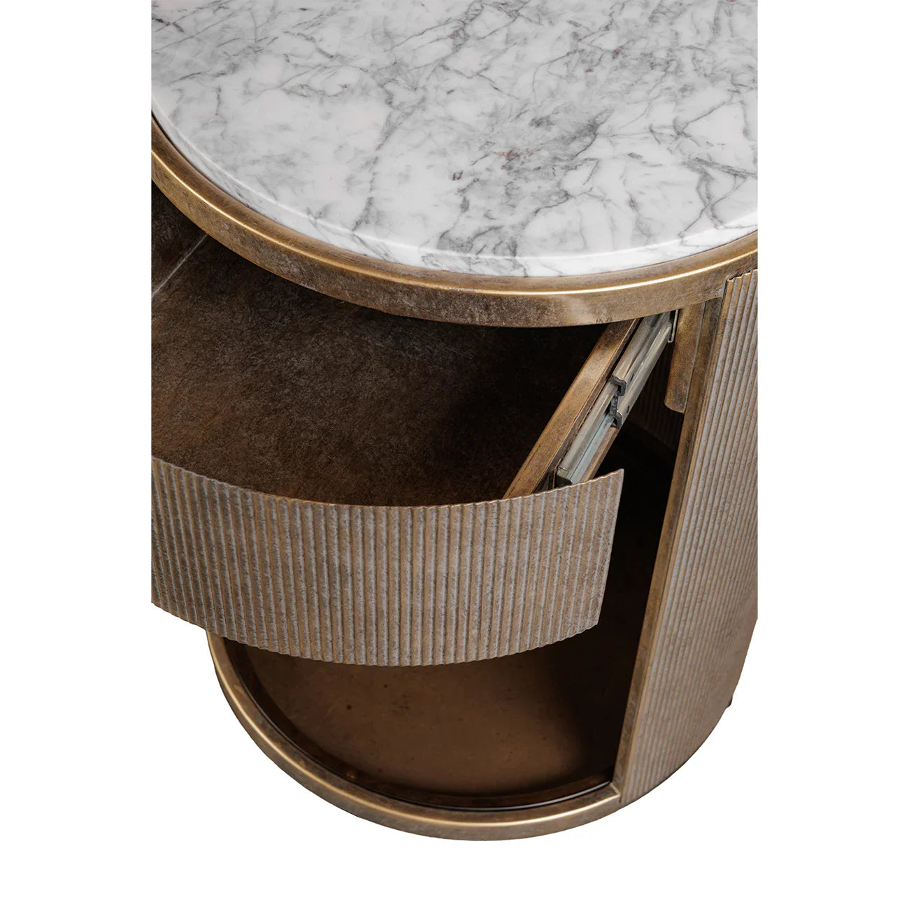 Marble-topped side table with open ribbed drawer detail.