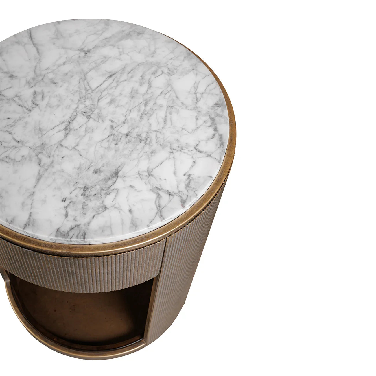 Round marble-topped table with ribbed gold sides.