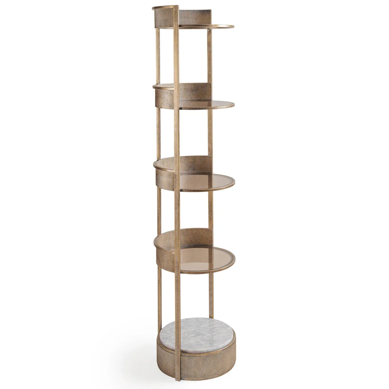 Aged gold round shelving unit with multiple glass shelves.