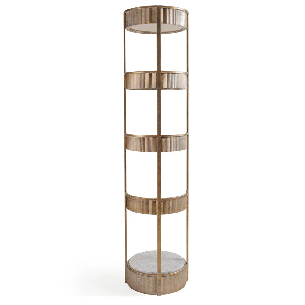 Aged gold round shelving unit with vertical panel design.