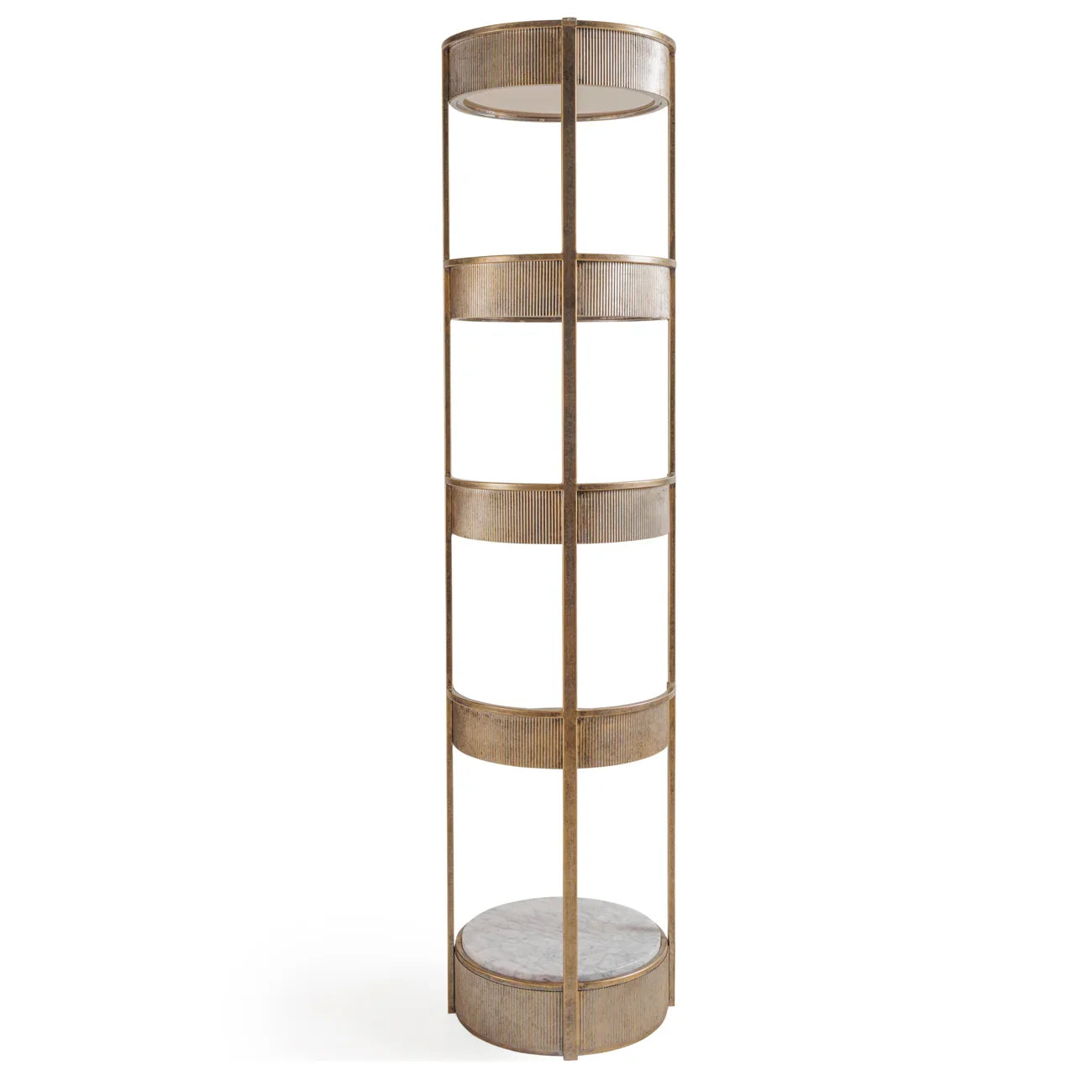 Aged gold round shelving unit with vertical panel design.