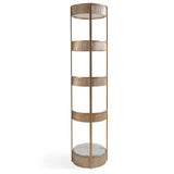 Aged gold round shelving unit with vertical panel design.