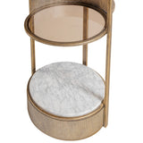Aged gold shelving unit with marble and glass shelves.