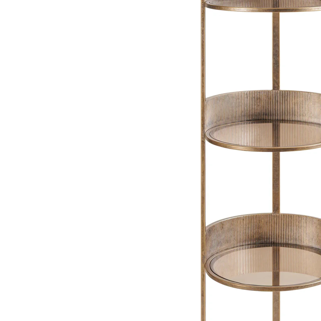 Aged gold round shelving unit with ribbed texture.