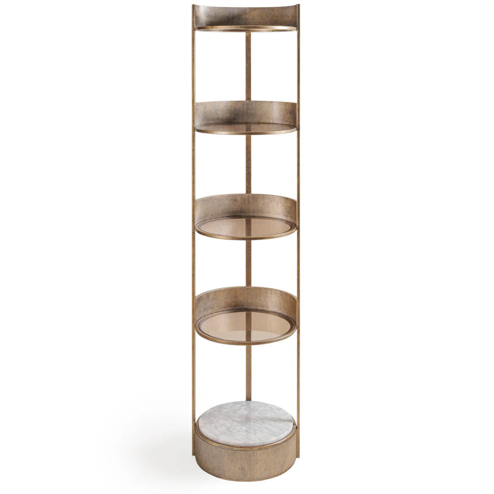 Aged gold round shelving unit with marble base | Home Centre Direct UK