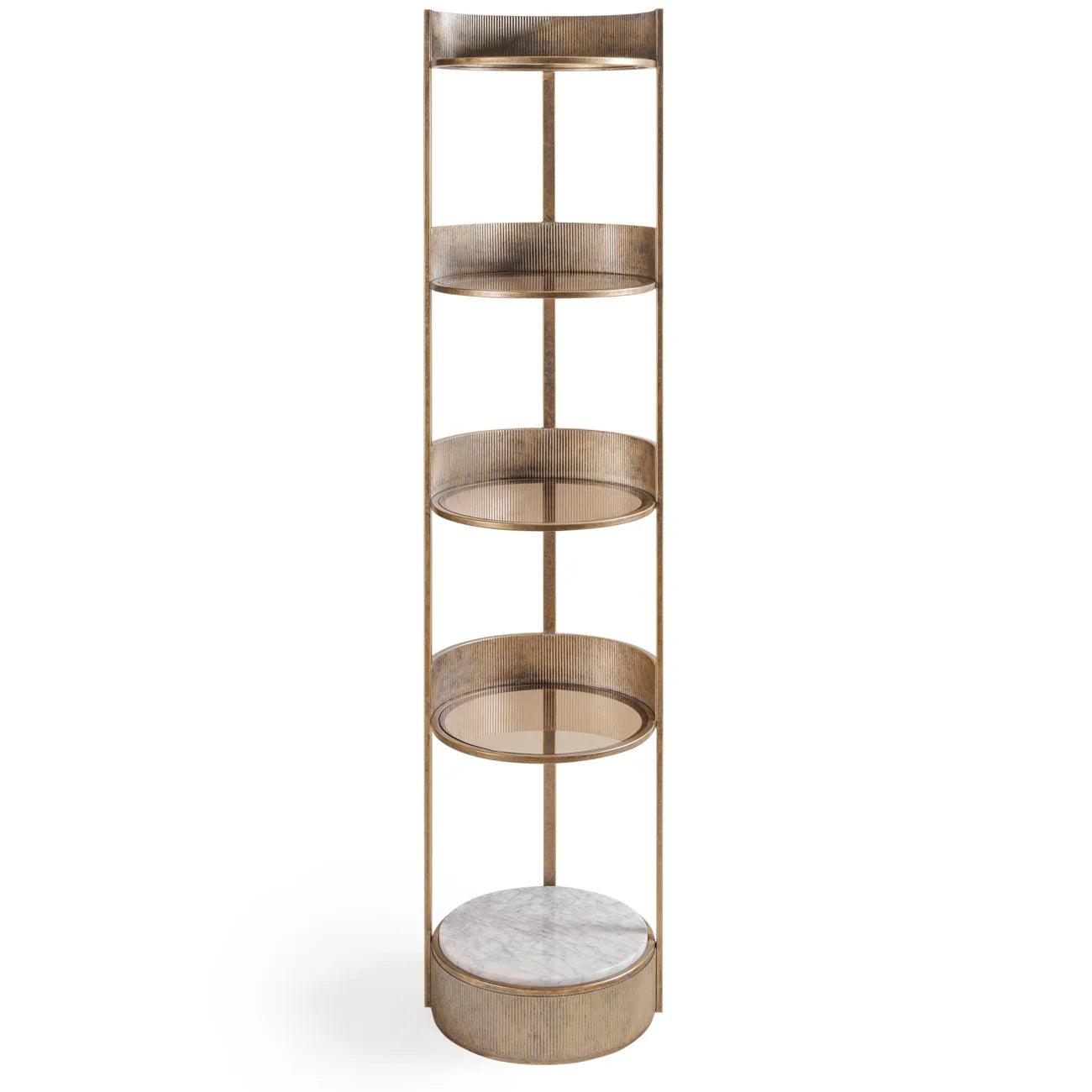 Aged gold round shelving unit with marble base | Home Centre Direct UK