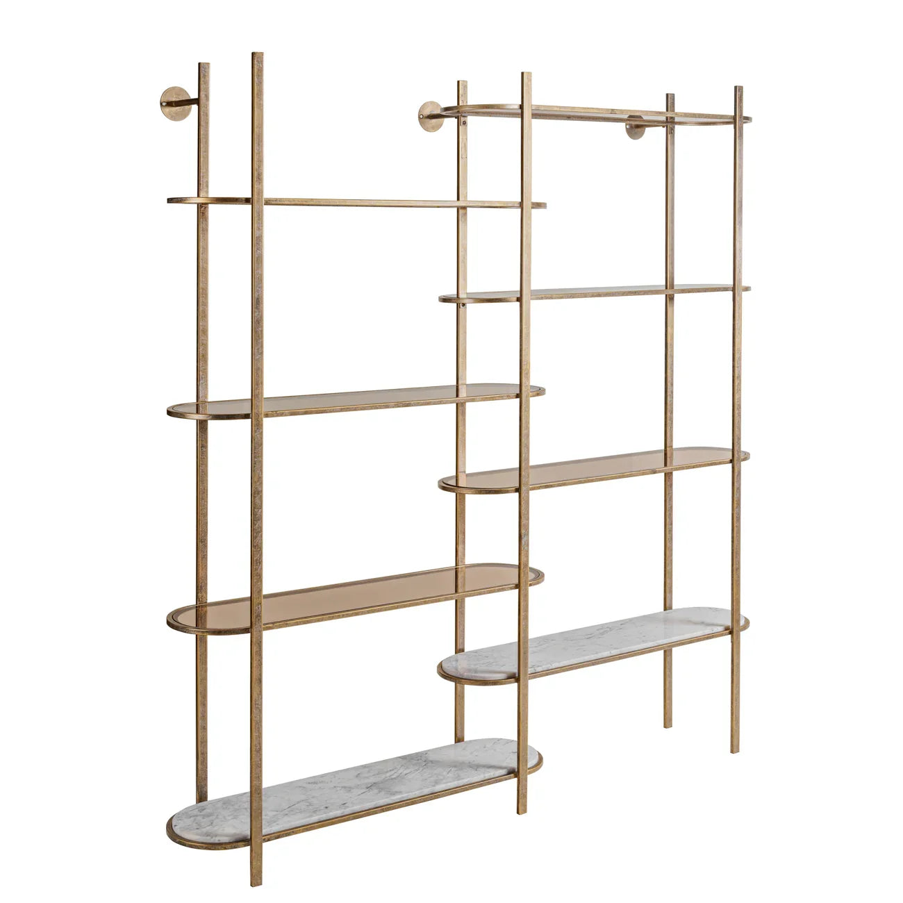 Aged gold shelving unit with marble and glass shelves.