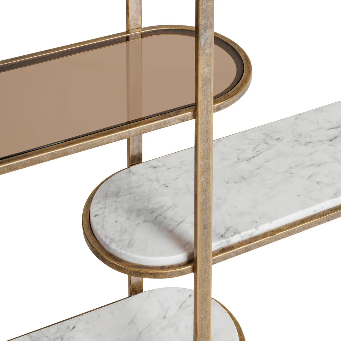 Aged gold shelving with marble and glass shelves.