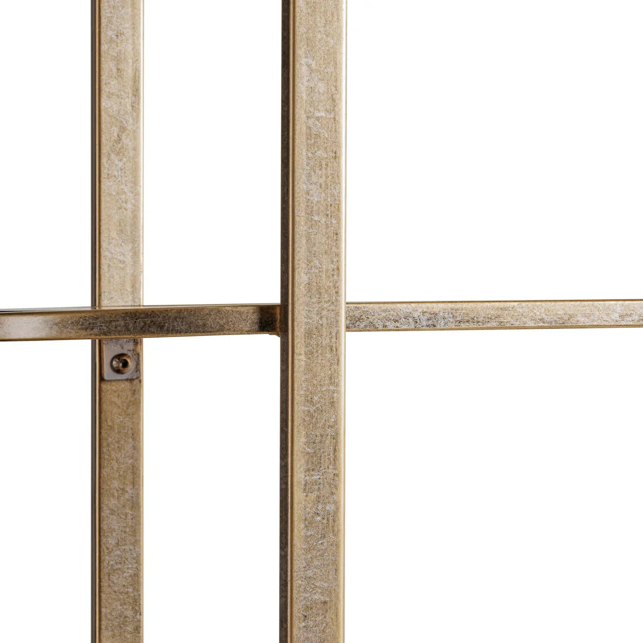 Aged gold shelving unit frame with textured metal detail.