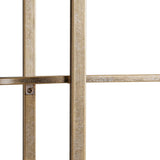 Aged gold shelving unit frame with textured metal detail.