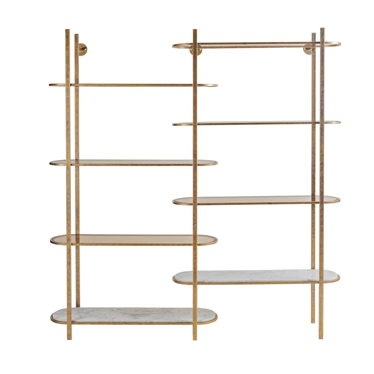 Aged gold metal shelving unit with oval glass shelves | Home Centre Direct UK