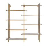 Aged gold metal shelving unit with oval glass shelves | Home Centre Direct UK