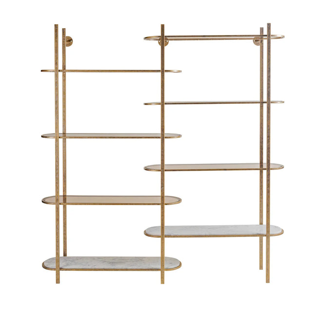 Aged gold metal shelving unit with oval glass shelves | Home Centre Direct UK