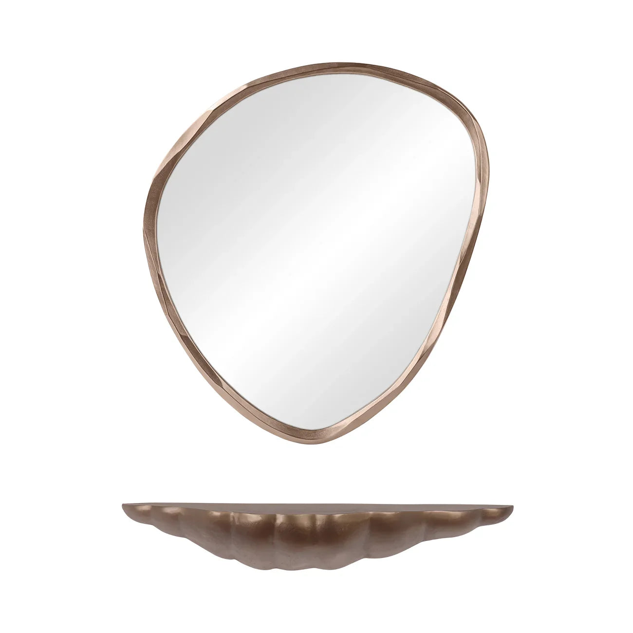 Curved brass shelf with matching abstract mirror above.