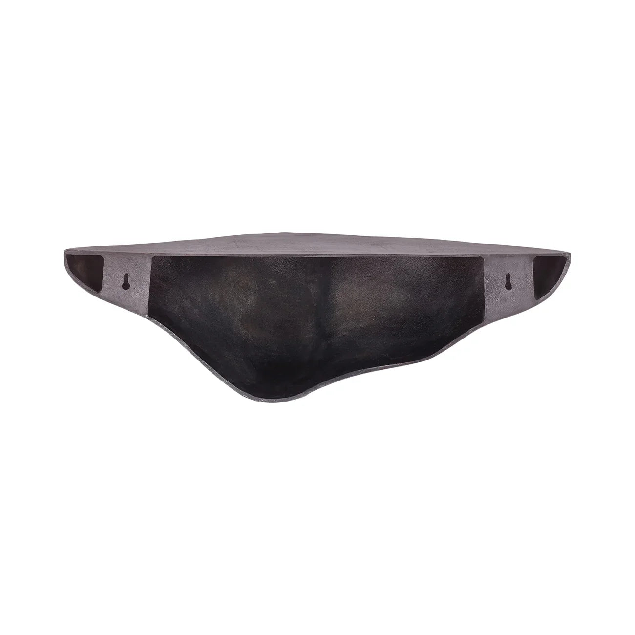 Bronze aluminum shelf with curved edges and wall mounting holes.